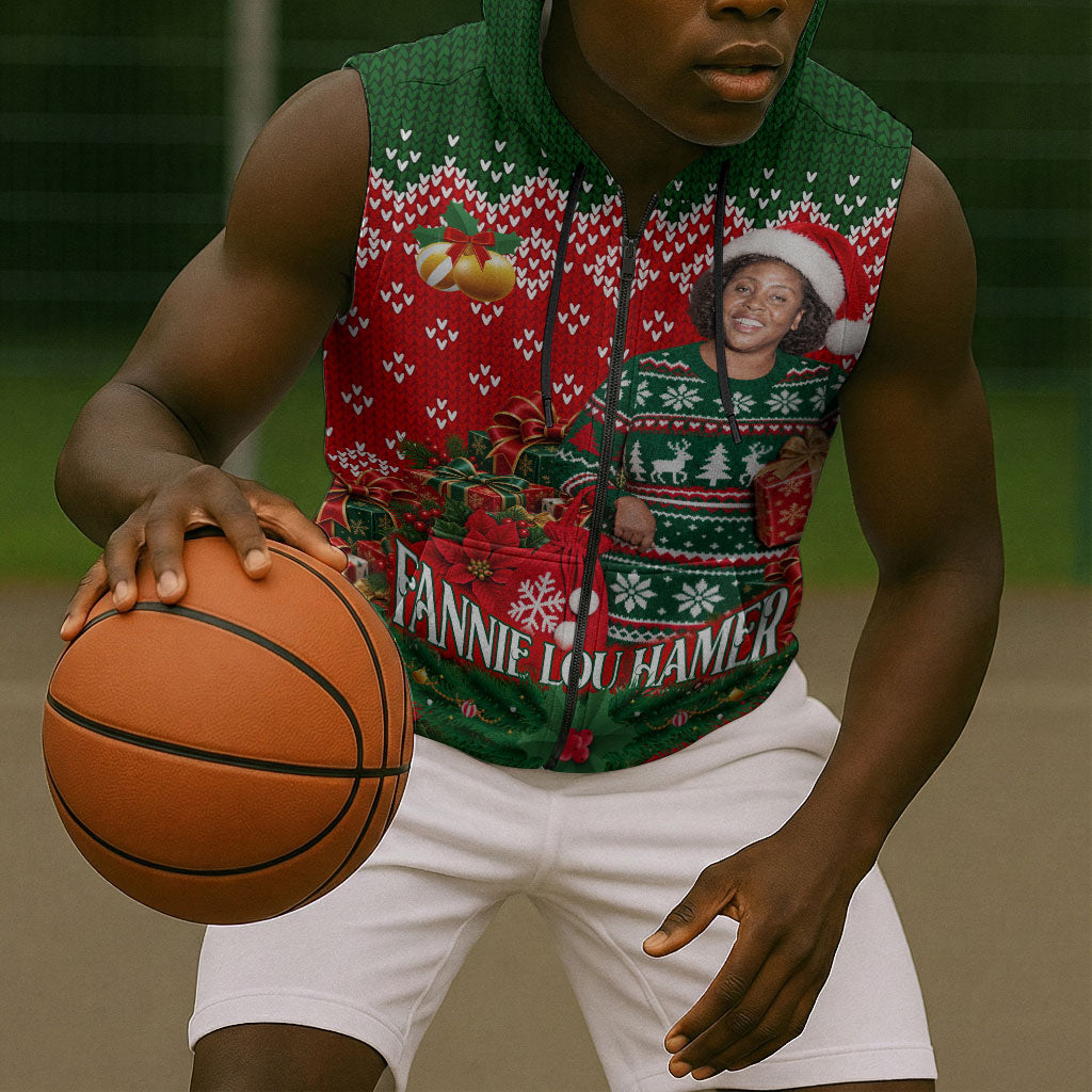 Fannie Lou Hamer Christmas Sleeveless Zip Hoodie Retro Ugly Christmas Pattern Civil Rights Activist