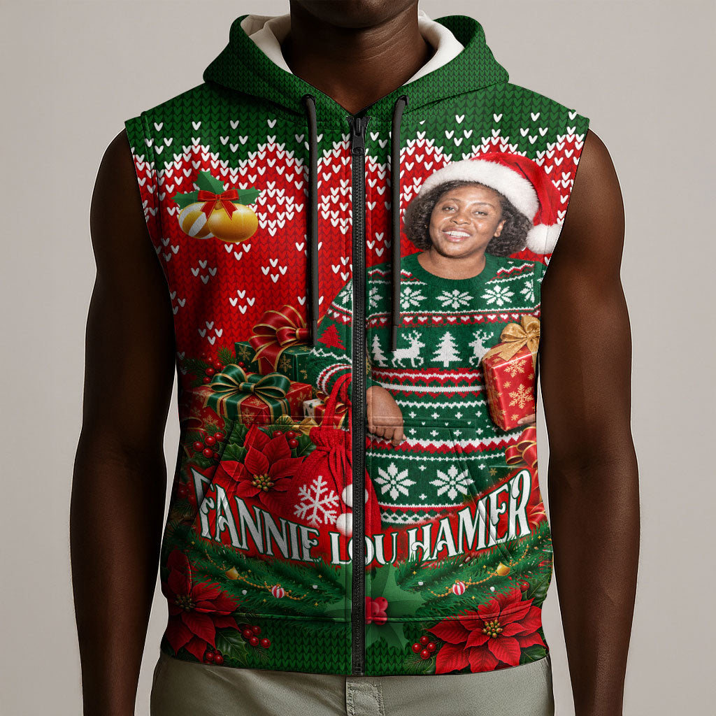 Fannie Lou Hamer Christmas Sleeveless Zip Hoodie Retro Ugly Christmas Pattern Civil Rights Activist