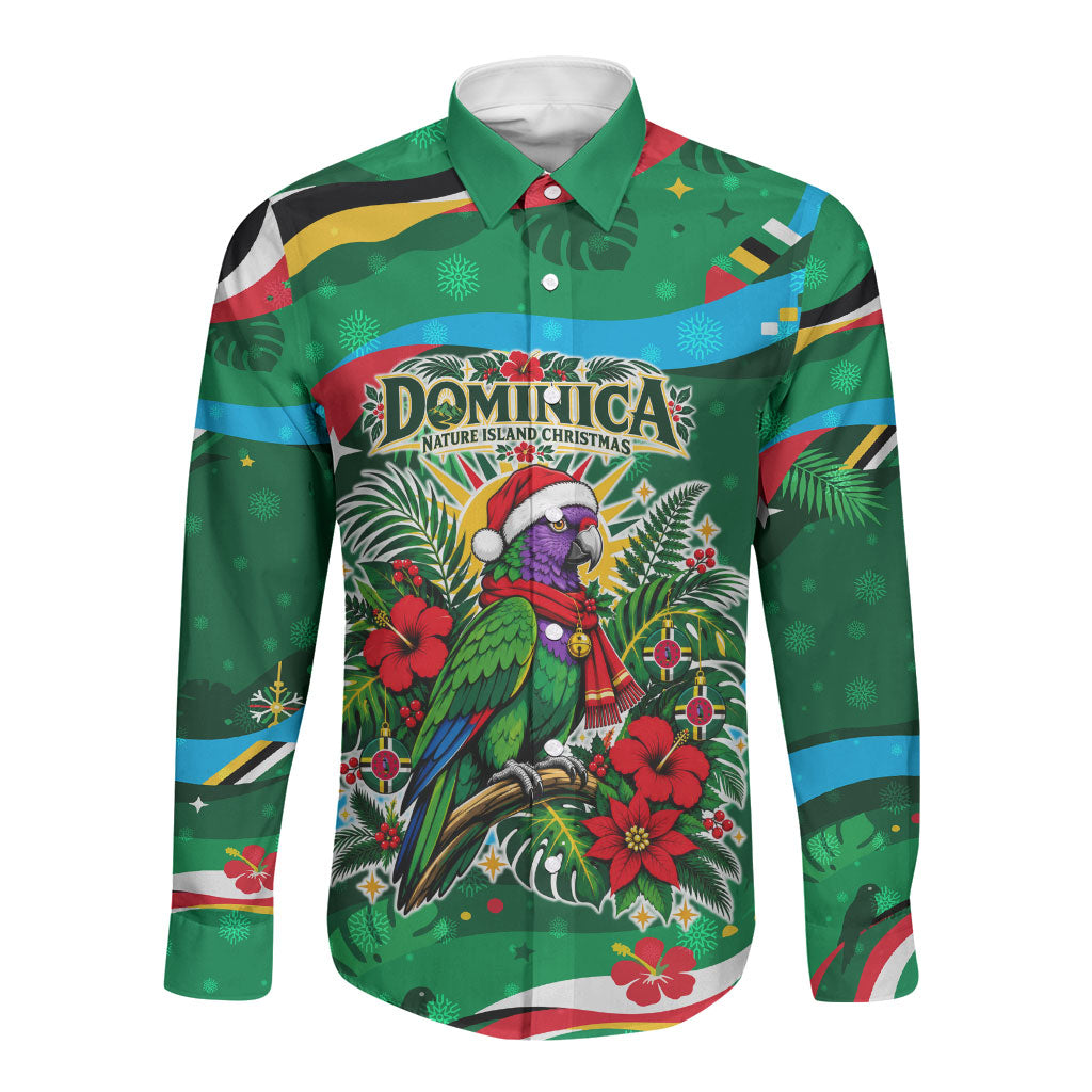 Dominica Sisserou Parrot Christmas Long Sleeve Button Shirt Nature Island Tropical Botanical Winter Holiday