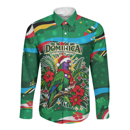 Dominica Sisserou Parrot Christmas Long Sleeve Button Shirt Nature Island Tropical Botanical Winter Holiday