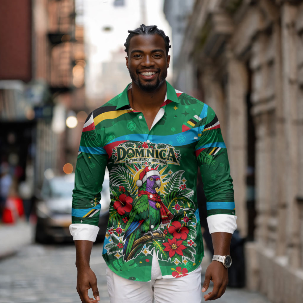 Dominica Sisserou Parrot Christmas Long Sleeve Button Shirt Nature Island Tropical Botanical Winter Holiday