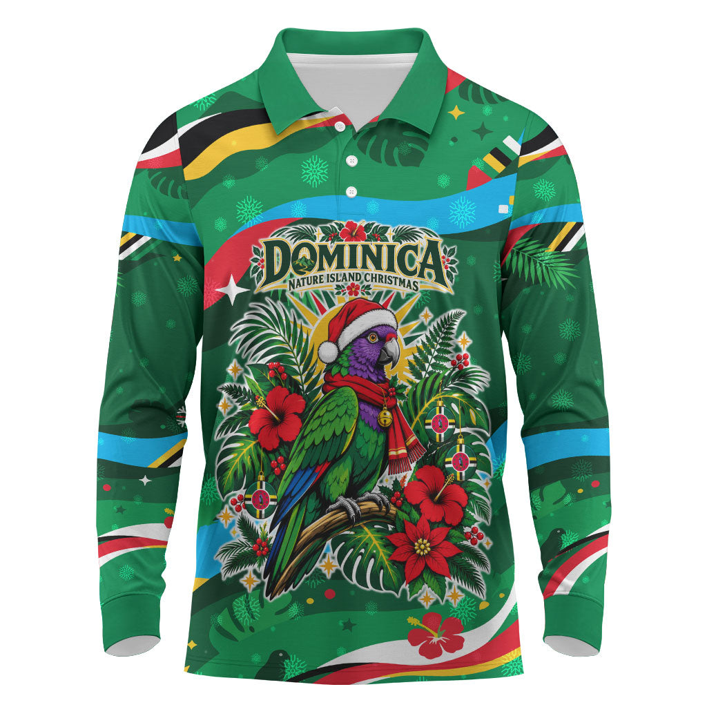 Dominica Sisserou Parrot Christmas Long Sleeve Polo Shirt Nature Island Tropical Botanical Winter Holiday