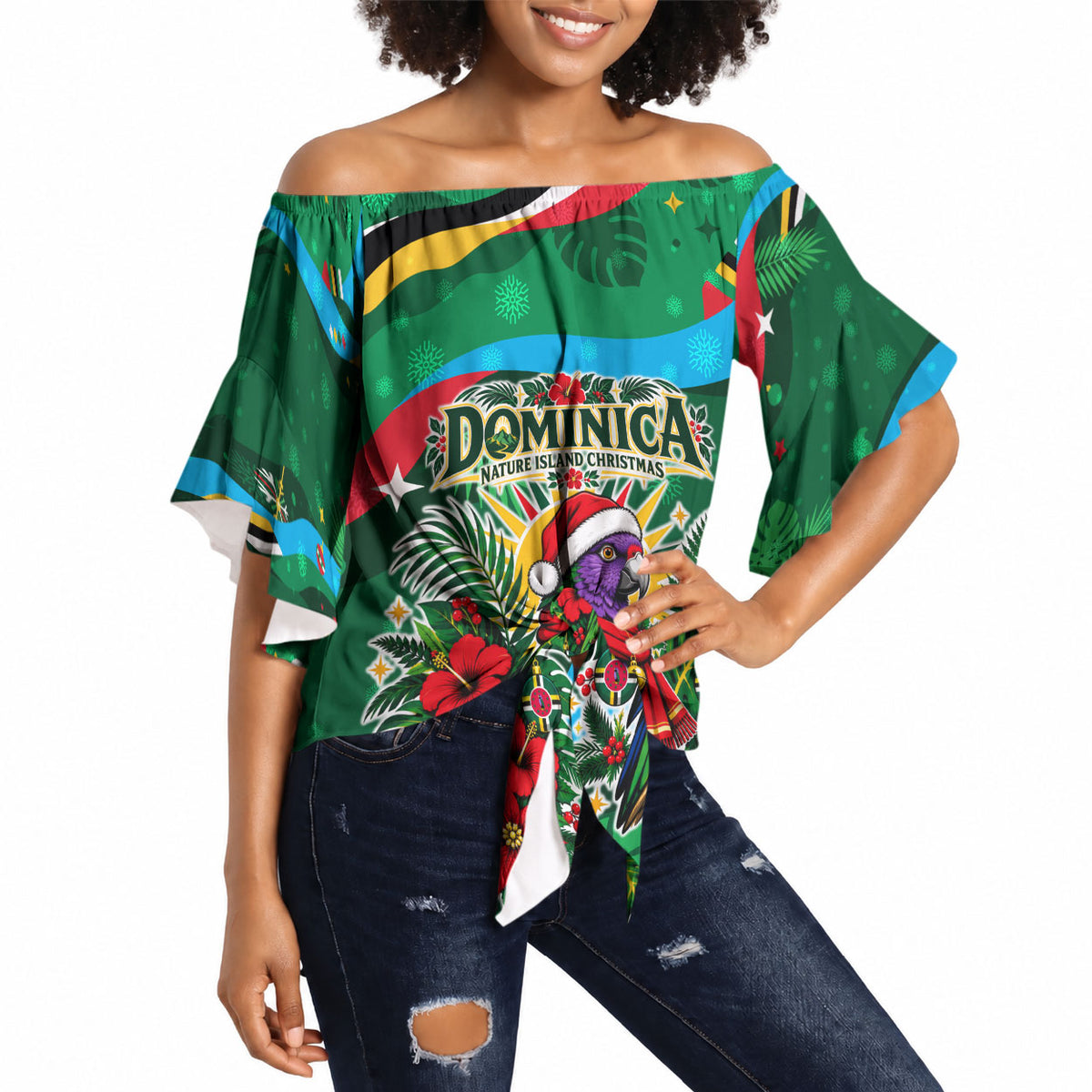 Dominica Sisserou Parrot Christmas Off Shoulder Wrap Waist Top Nature Island Tropical Botanical Winter Holiday