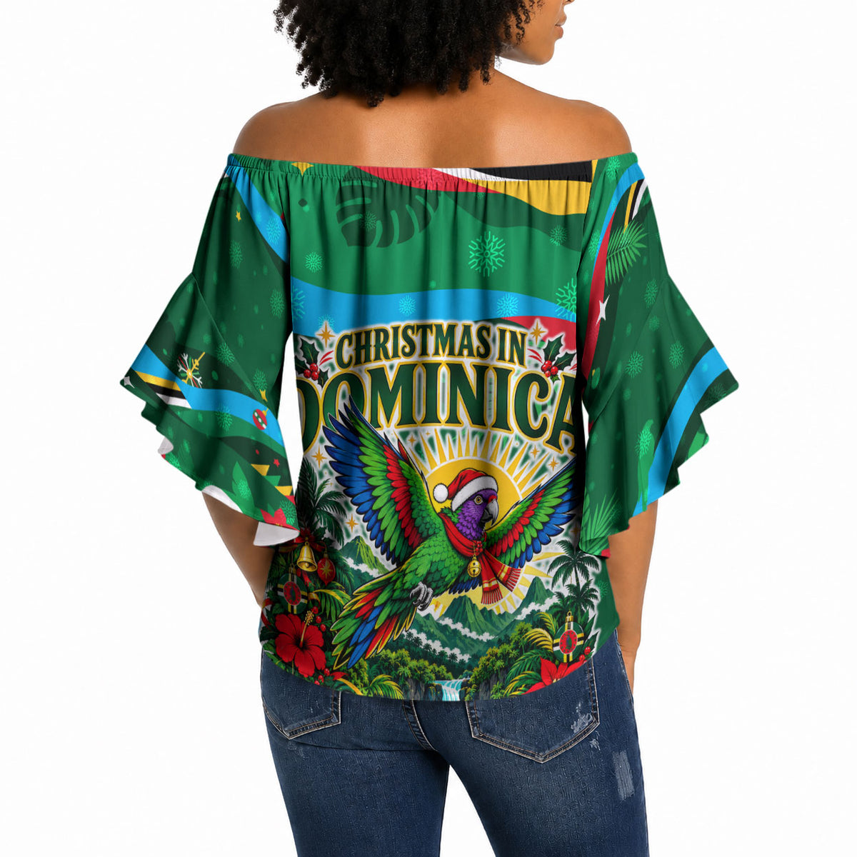 Dominica Sisserou Parrot Christmas Off Shoulder Wrap Waist Top Nature Island Tropical Botanical Winter Holiday