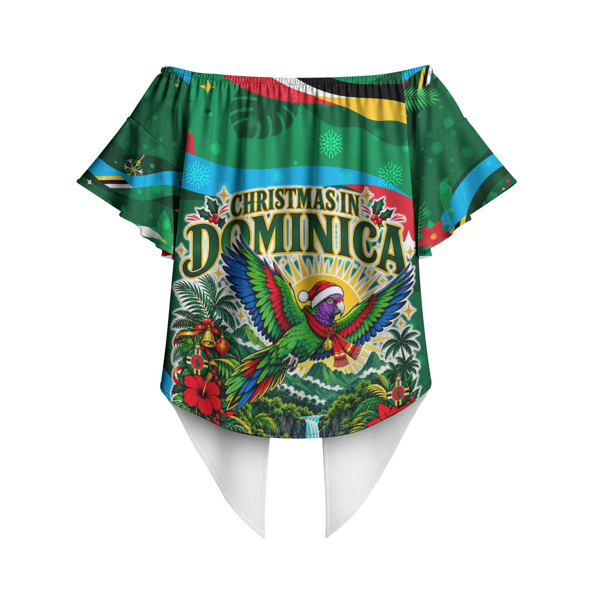Dominica Sisserou Parrot Christmas Off Shoulder Wrap Waist Top Nature Island Tropical Botanical Winter Holiday