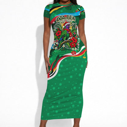 Dominica Sisserou Parrot Christmas Short Sleeve Bodycon Dress Nature Island Tropical Botanical Winter Holiday