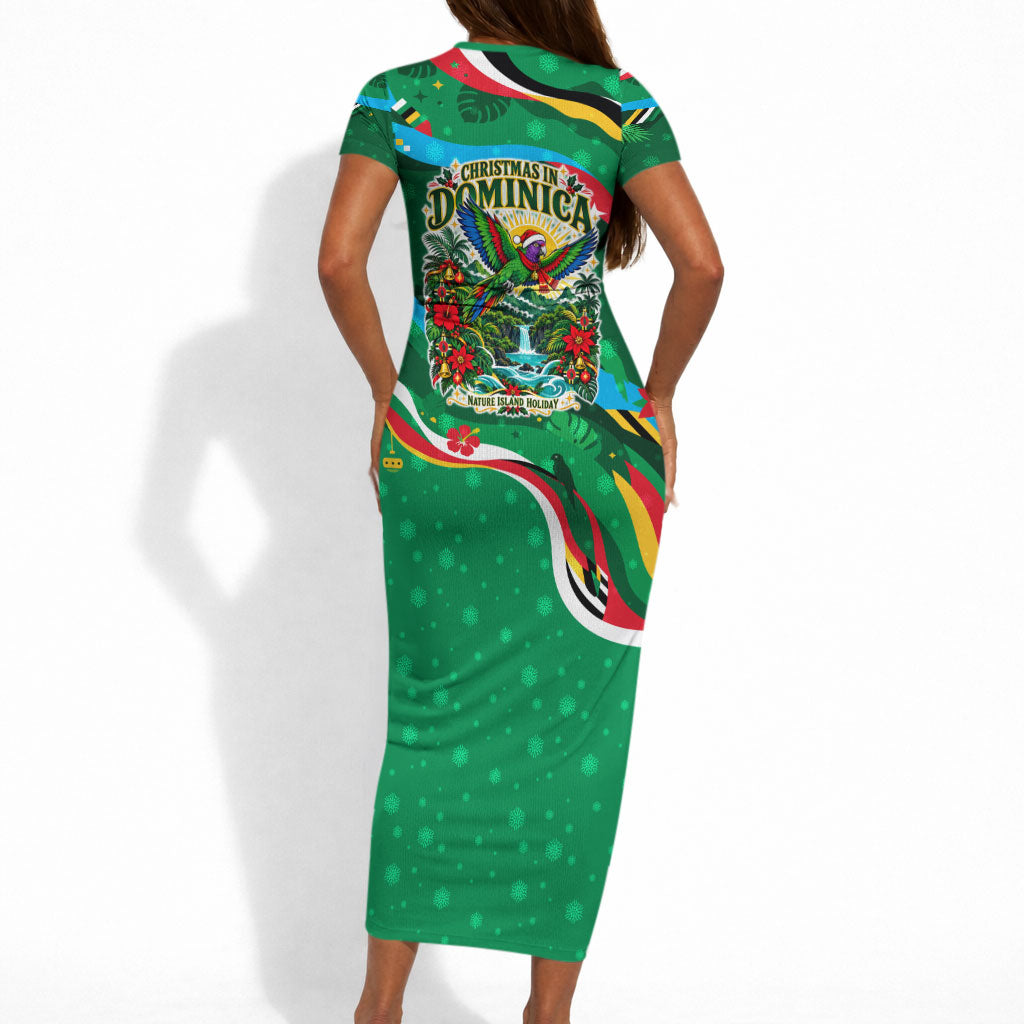 Dominica Sisserou Parrot Christmas Short Sleeve Bodycon Dress Nature Island Tropical Botanical Winter Holiday