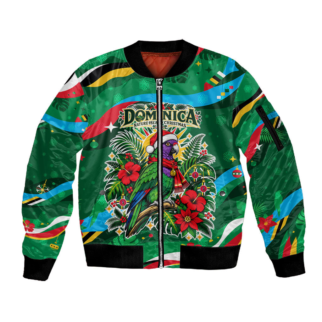 Dominica Sisserou Parrot Christmas Sleeve Zip Bomber Jacket Nature Island Tropical Botanical Winter Holiday