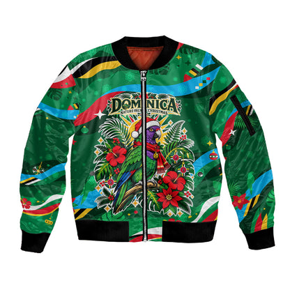 Dominica Sisserou Parrot Christmas Sleeve Zip Bomber Jacket Nature Island Tropical Botanical Winter Holiday