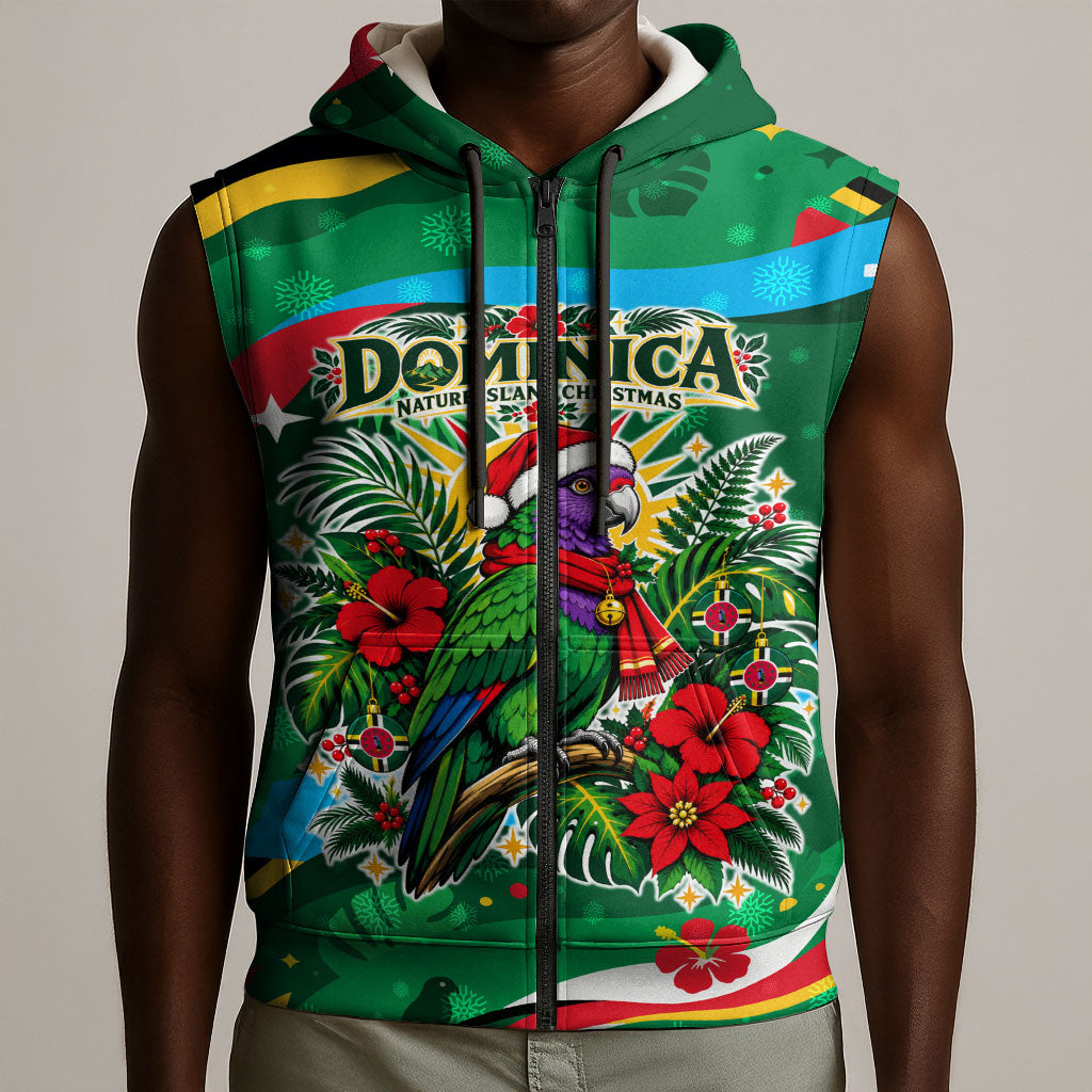 Dominica Sisserou Parrot Christmas Sleeveless Zip Hoodie Nature Island Tropical Botanical Winter Holiday