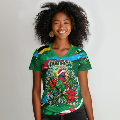Dominica Sisserou Parrot Christmas Women V-Neck T-Shirt Nature Island Tropical Botanical Winter Holiday