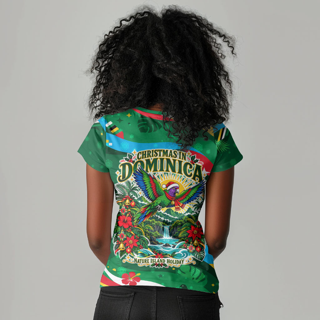 Dominica Sisserou Parrot Christmas Women V-Neck T-Shirt Nature Island Tropical Botanical Winter Holiday