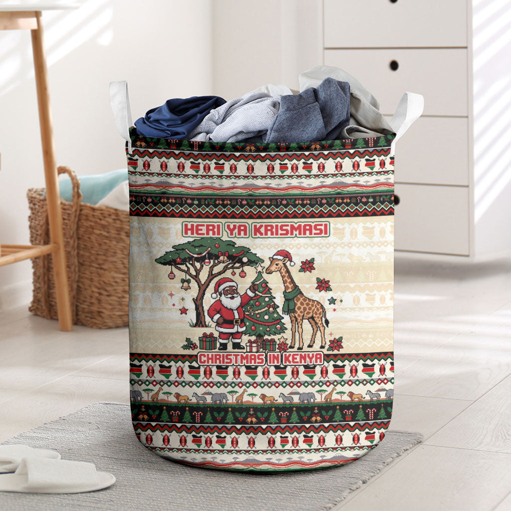 Kenya Christmas Santa Wildlife Laundry Basket Heri Ya Krismasi - Elephant Giraffe - Ugly Pixel Art