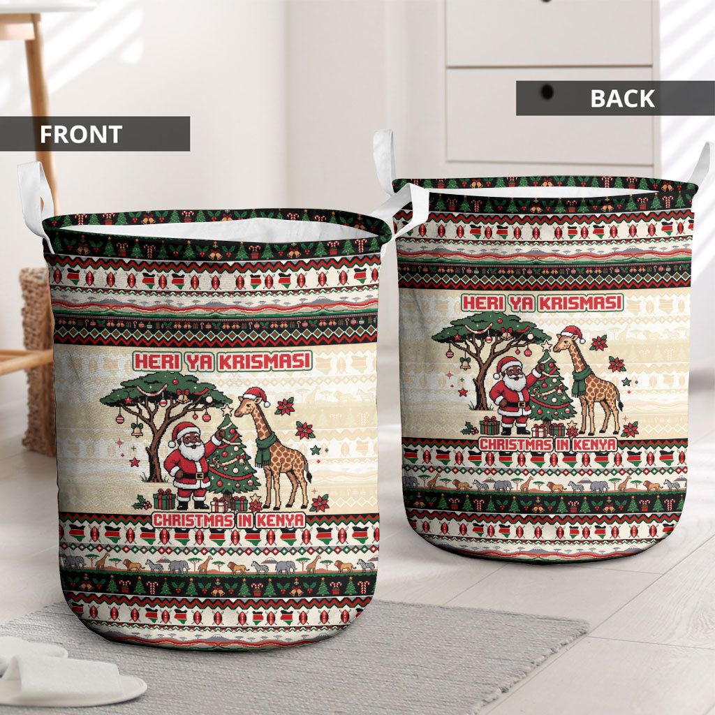 Kenya Christmas Santa Wildlife Laundry Basket Heri Ya Krismasi - Elephant Giraffe - Ugly Pixel Art