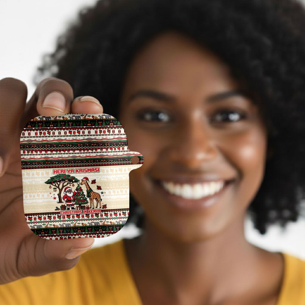Kenya Christmas Santa Wildlife AirPods Case Heri Ya Krismasi - Elephant Giraffe - Ugly Pixel Art