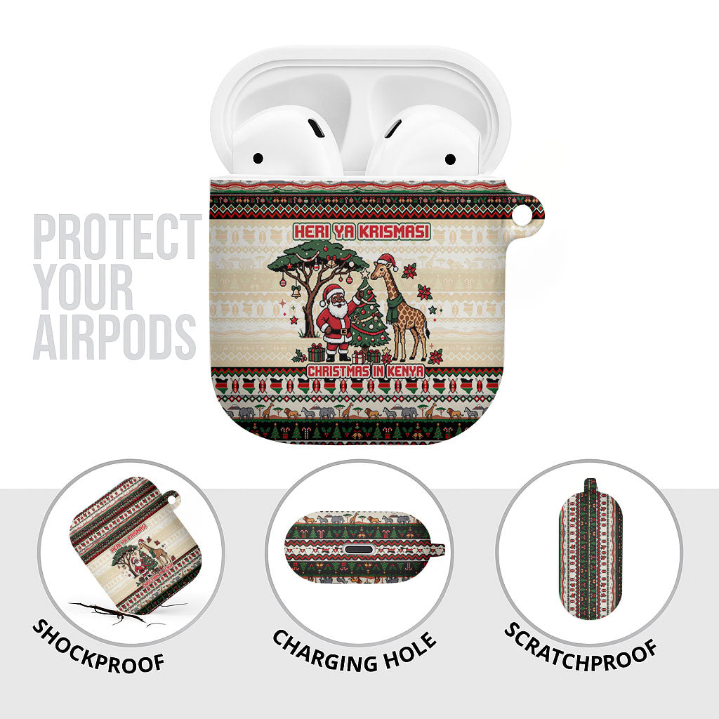 Kenya Christmas Santa Wildlife AirPods Case Heri Ya Krismasi - Elephant Giraffe - Ugly Pixel Art