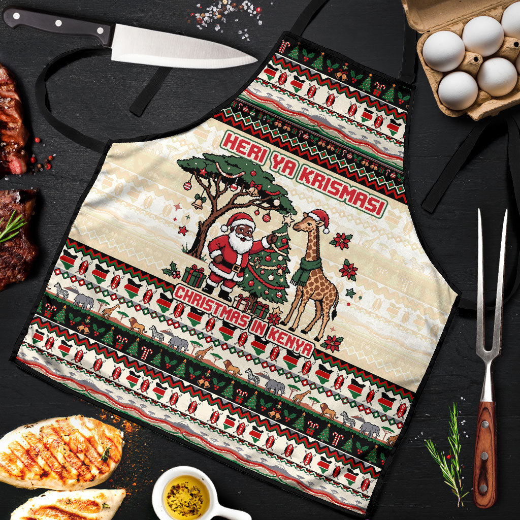 Kenya Christmas Santa Wildlife Apron Heri Ya Krismasi - Elephant Giraffe - Ugly Pixel Art