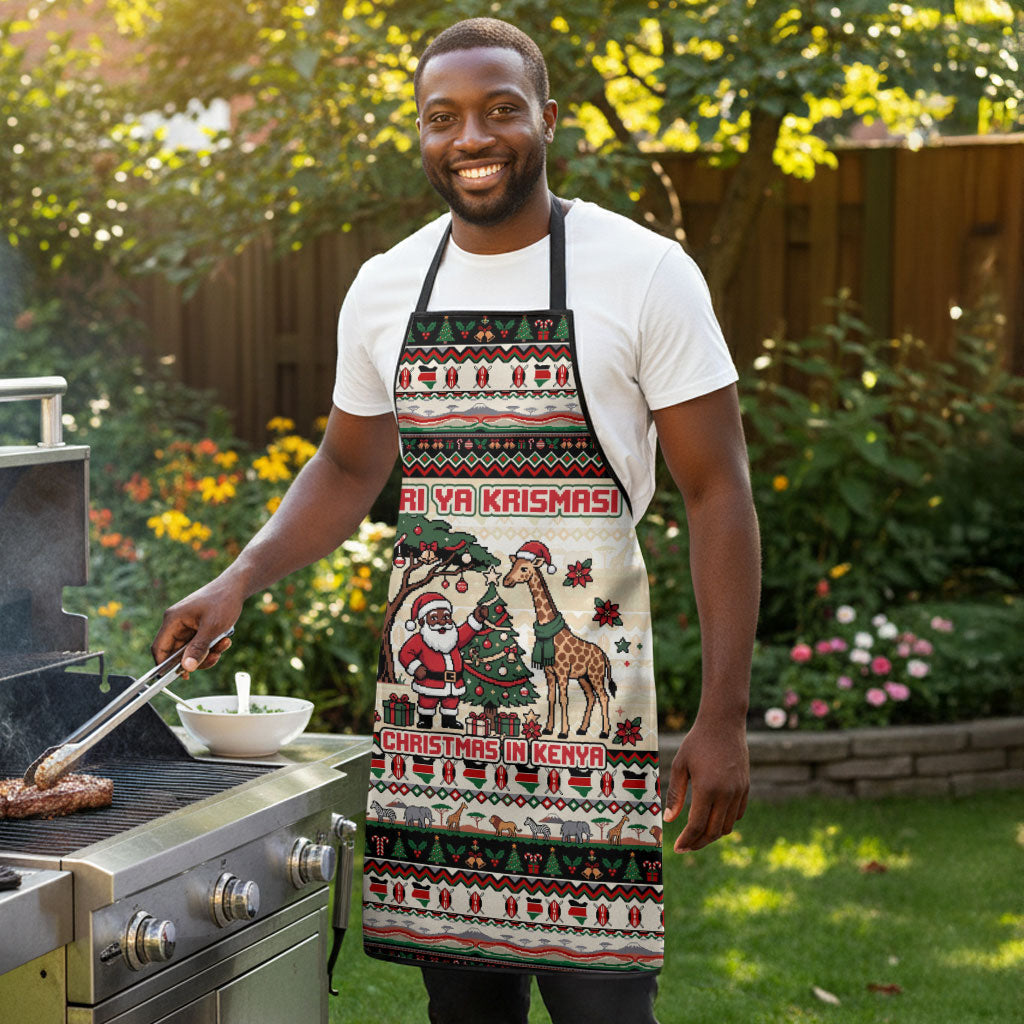 Kenya Christmas Santa Wildlife Apron Heri Ya Krismasi - Elephant Giraffe - Ugly Pixel Art