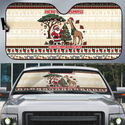 Kenya Christmas Santa Wildlife Auto Sun Shade Heri Ya Krismasi - Elephant Giraffe - Ugly Pixel Art