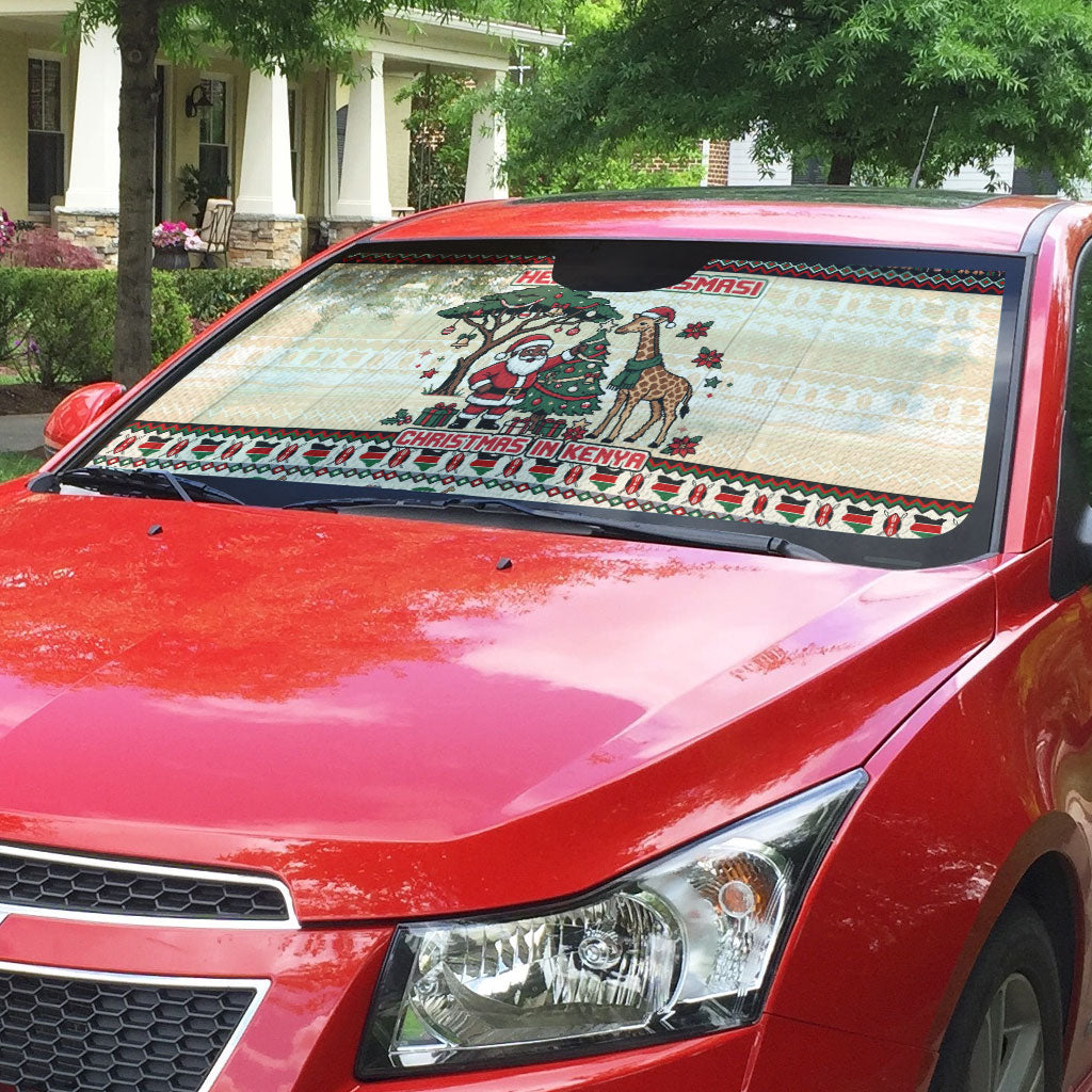 Kenya Christmas Santa Wildlife Auto Sun Shade Heri Ya Krismasi - Elephant Giraffe - Ugly Pixel Art