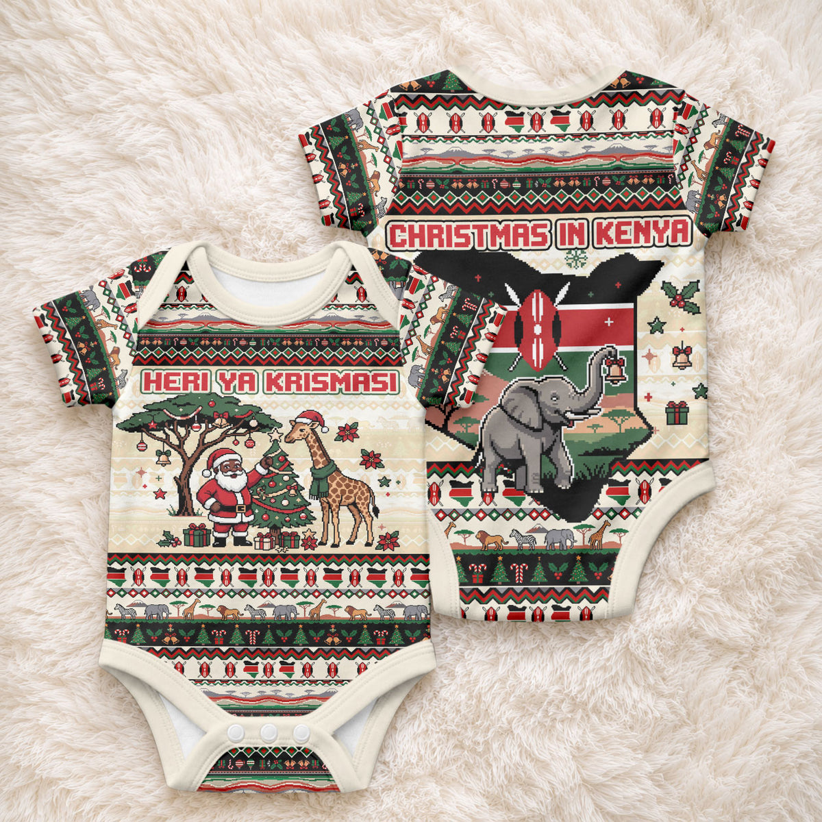 Kenya Christmas Santa Wildlife Baby Onesie Heri Ya Krismasi - Elephant Giraffe - Ugly Pixel Art