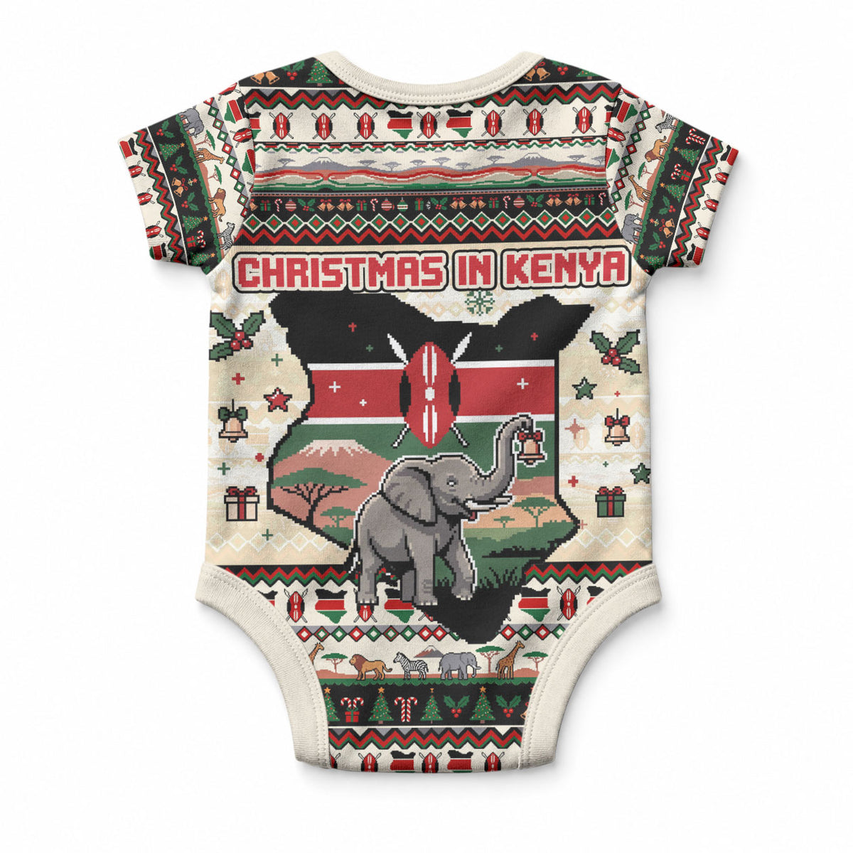 Kenya Christmas Santa Wildlife Baby Onesie Heri Ya Krismasi - Elephant Giraffe - Ugly Pixel Art