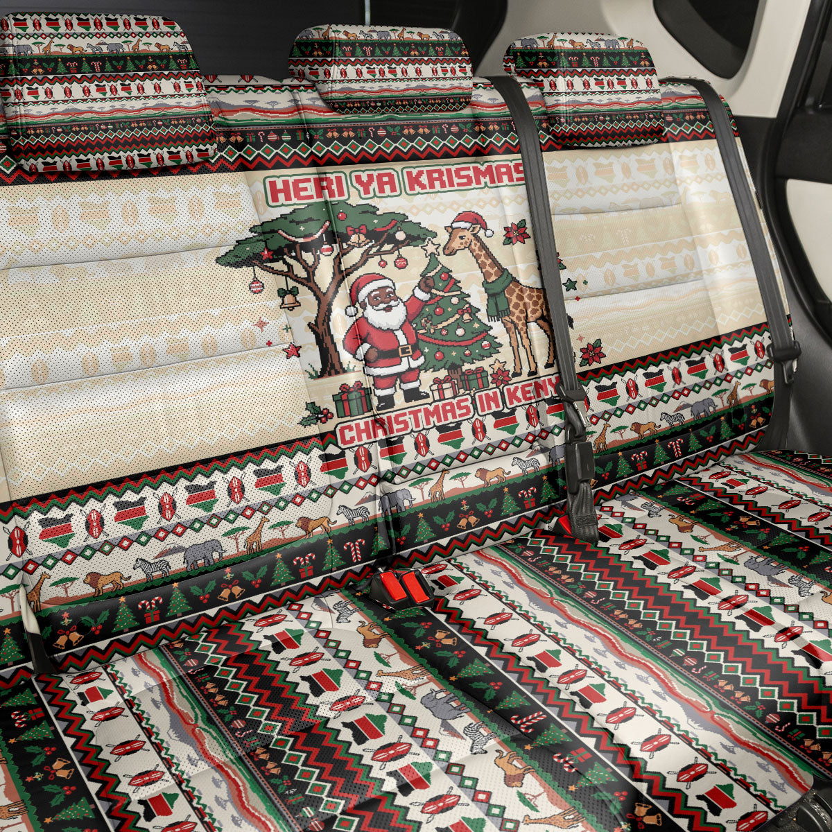 Kenya Christmas Santa Wildlife Back Car Seat Cover Heri Ya Krismasi - Elephant Giraffe - Ugly Pixel Art