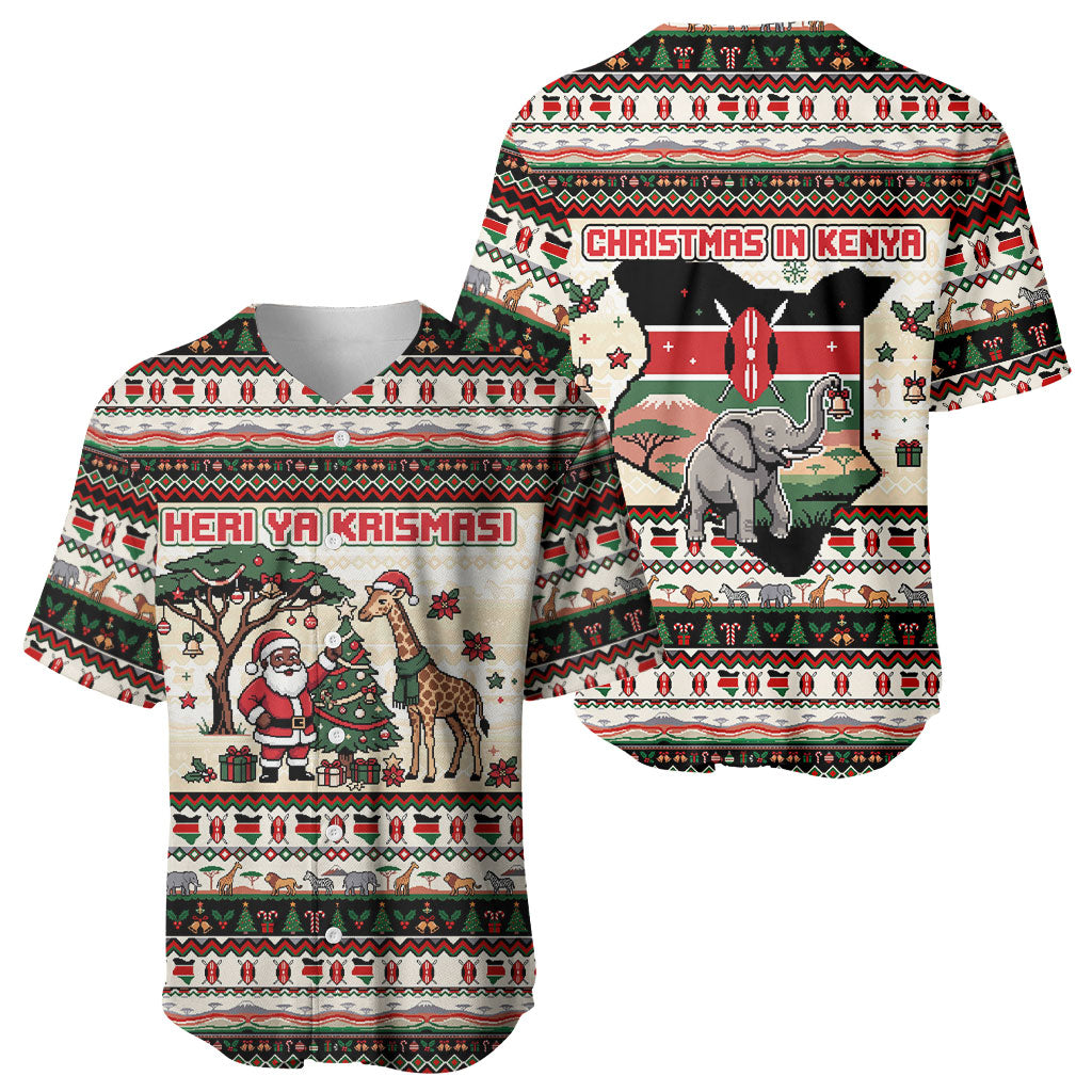 Kenya Christmas Santa Wildlife Baseball Jersey Heri Ya Krismasi - Elephant Giraffe - Ugly Pixel Art