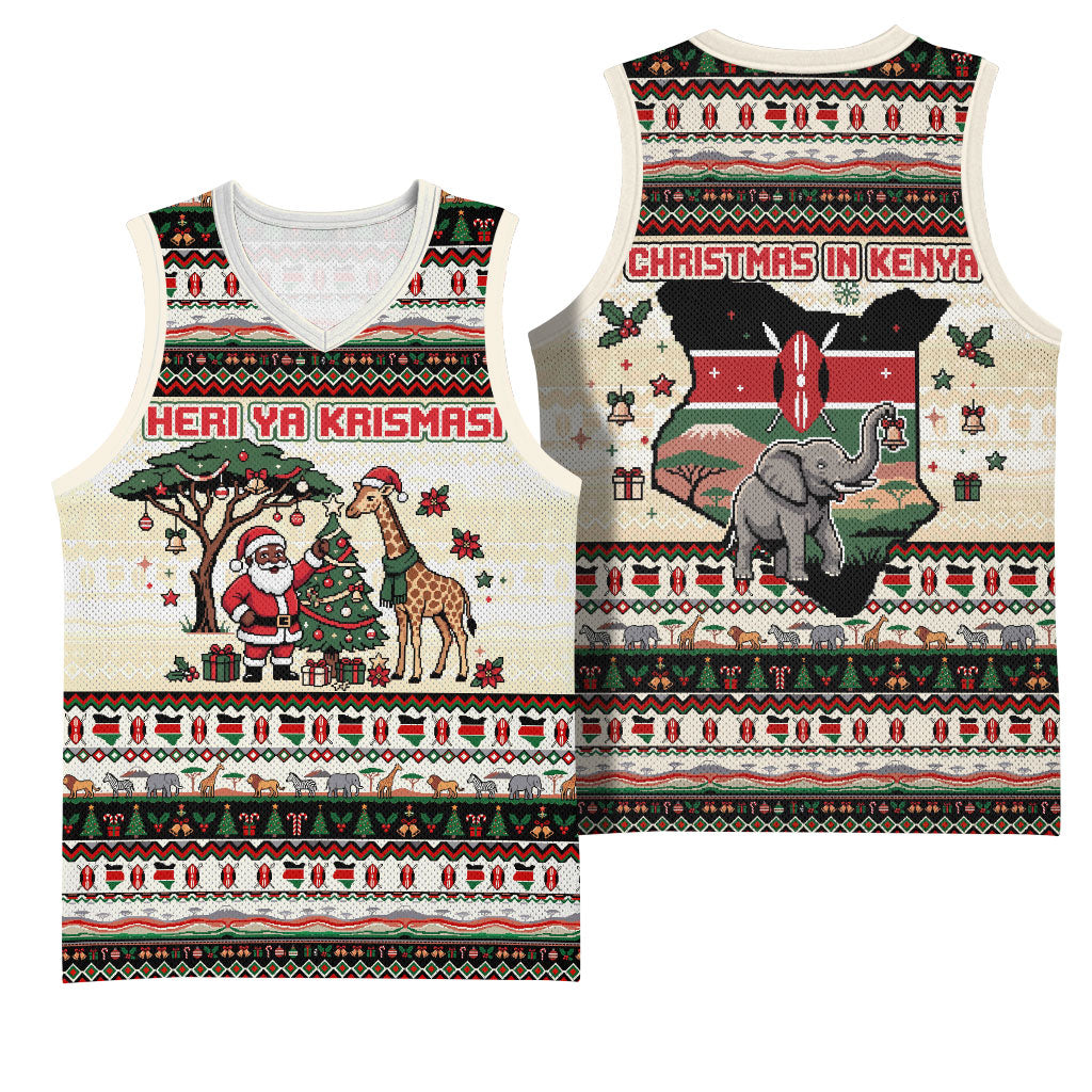 Kenya Christmas Santa Wildlife Basketball Jersey Heri Ya Krismasi - Elephant Giraffe - Ugly Pixel Art