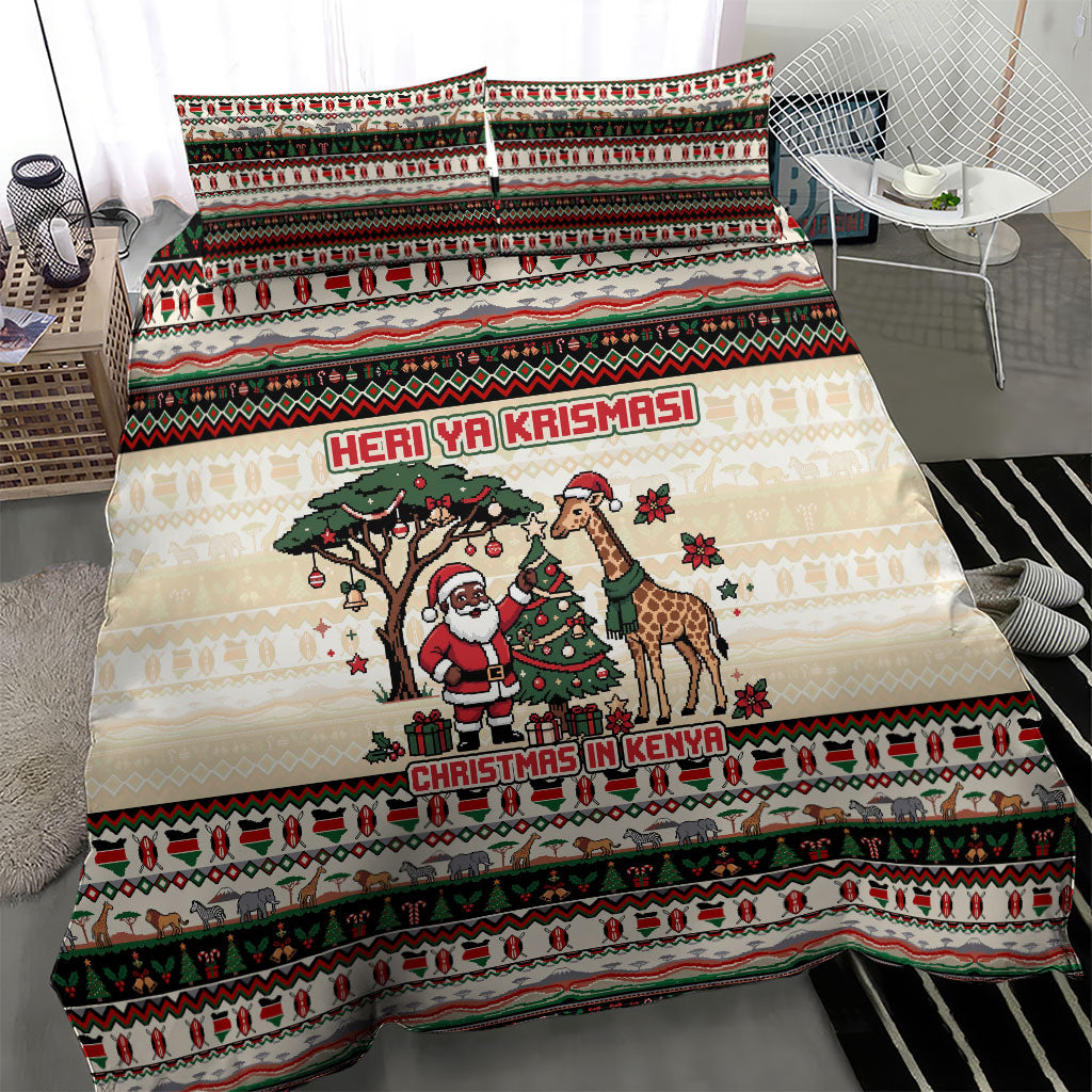 Kenya Christmas Santa Wildlife Bedding Set Heri Ya Krismasi - Elephant Giraffe - Ugly Pixel Art