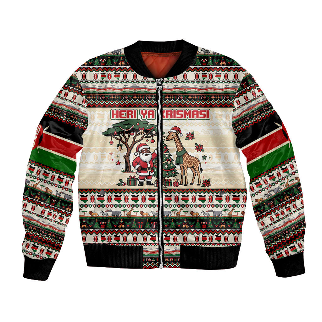 Kenya Christmas Santa Wildlife Bomber Jacket Heri Ya Krismasi - Elephant Giraffe - Ugly Pixel Art