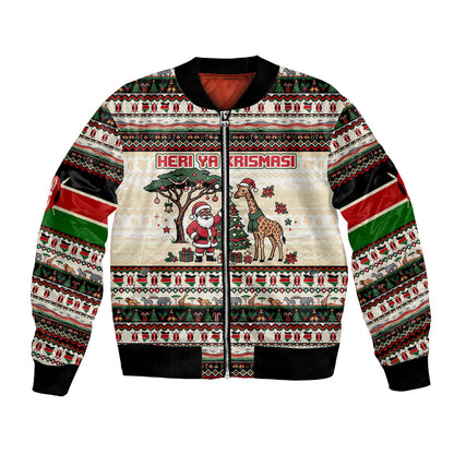 Kenya Christmas Santa Wildlife Bomber Jacket Heri Ya Krismasi - Elephant Giraffe - Ugly Pixel Art