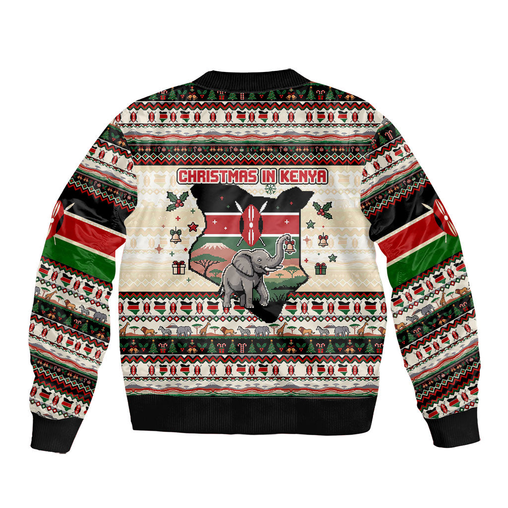 Kenya Christmas Santa Wildlife Bomber Jacket Heri Ya Krismasi - Elephant Giraffe - Ugly Pixel Art
