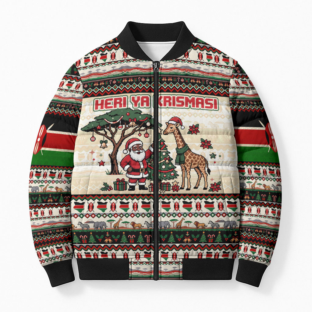 Kenya Christmas Santa Wildlife Bomber Puffer Jacket Heri Ya Krismasi - Elephant Giraffe - Ugly Pixel Art