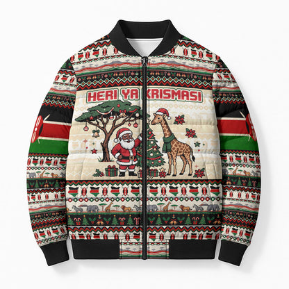 Kenya Christmas Santa Wildlife Bomber Puffer Jacket Heri Ya Krismasi - Elephant Giraffe - Ugly Pixel Art