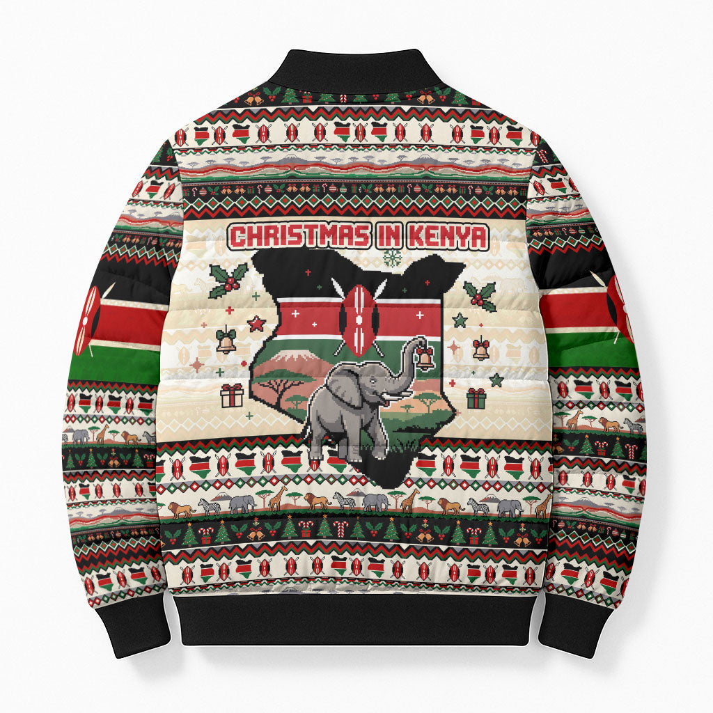 Kenya Christmas Santa Wildlife Bomber Puffer Jacket Heri Ya Krismasi - Elephant Giraffe - Ugly Pixel Art