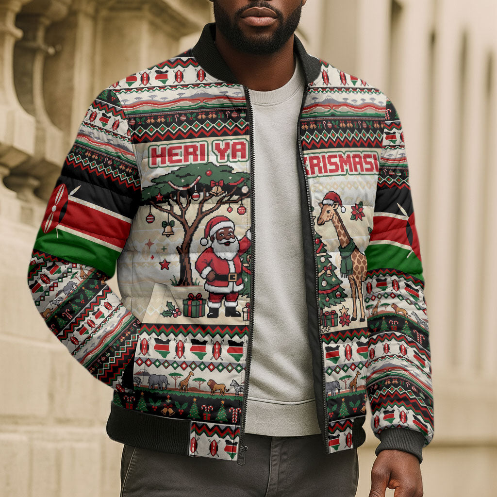 Kenya Christmas Santa Wildlife Bomber Puffer Jacket Heri Ya Krismasi - Elephant Giraffe - Ugly Pixel Art