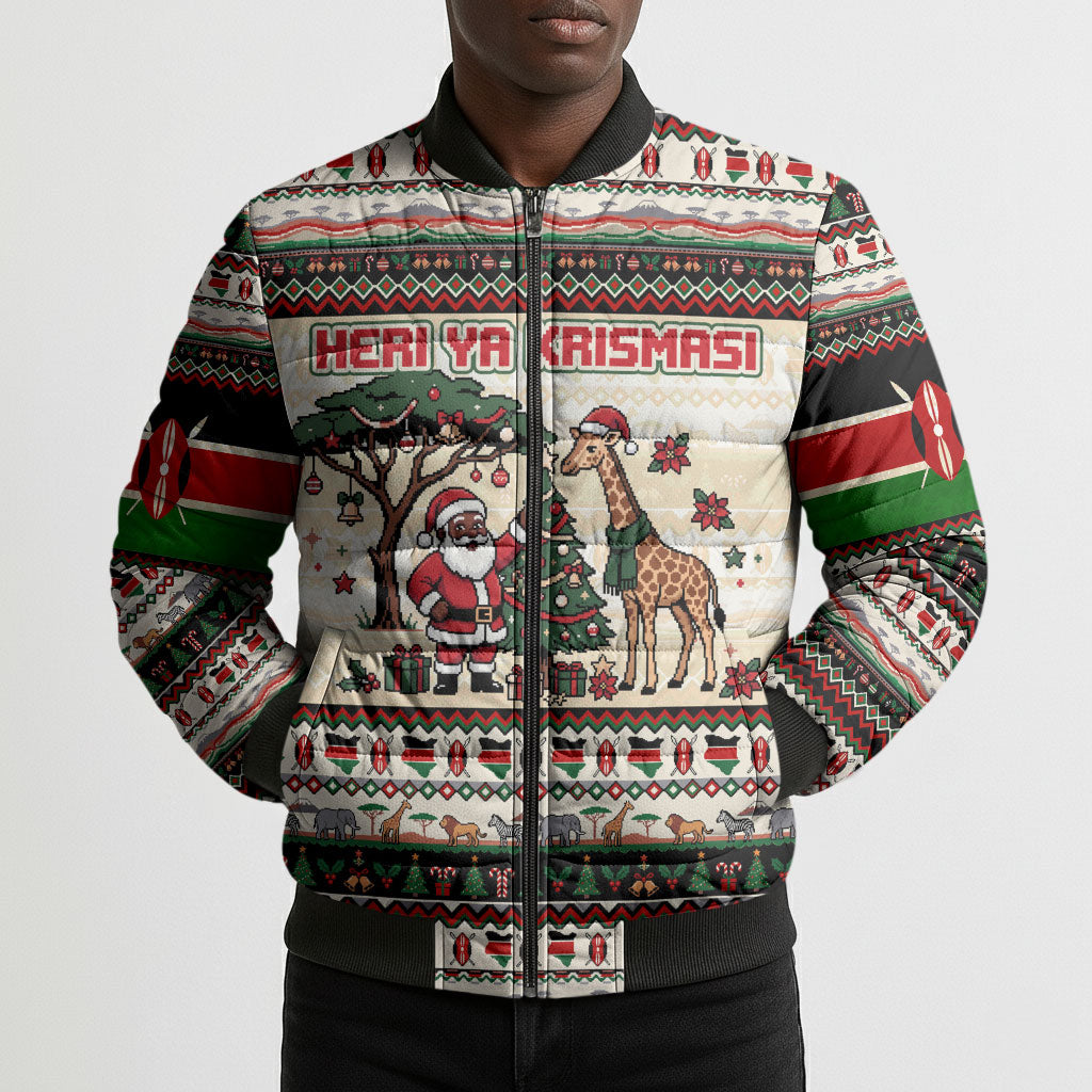 Kenya Christmas Santa Wildlife Bomber Puffer Jacket Heri Ya Krismasi - Elephant Giraffe - Ugly Pixel Art