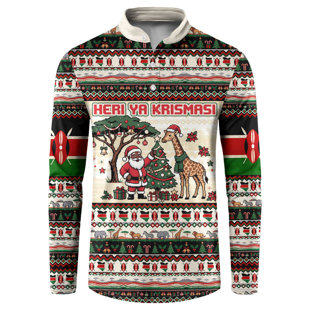 Kenya Christmas Santa Wildlife Button Sweatshirt Heri Ya Krismasi - Elephant Giraffe - Ugly Pixel Art
