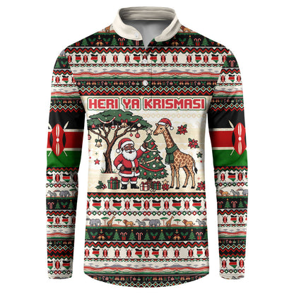 Kenya Christmas Santa Wildlife Button Sweatshirt Heri Ya Krismasi - Elephant Giraffe - Ugly Pixel Art