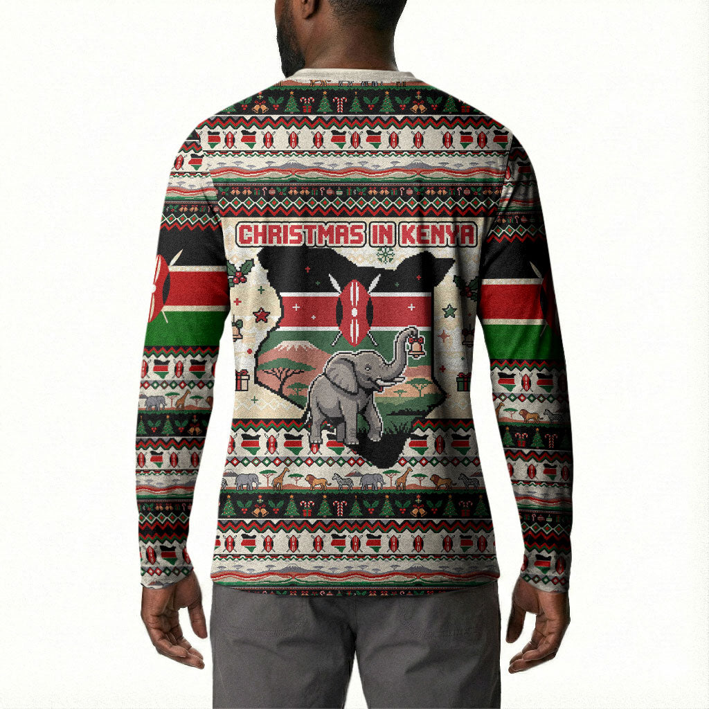 Kenya Christmas Santa Wildlife Button Sweatshirt Heri Ya Krismasi - Elephant Giraffe - Ugly Pixel Art