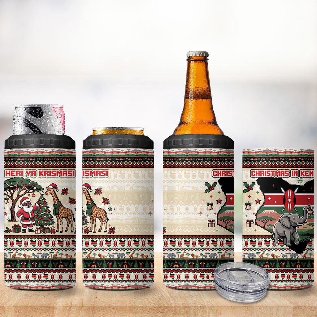 Kenya Christmas Santa Wildlife 4 in 1 Can Cooler Tumbler Heri Ya Krismasi - Elephant Giraffe - Ugly Pixel Art