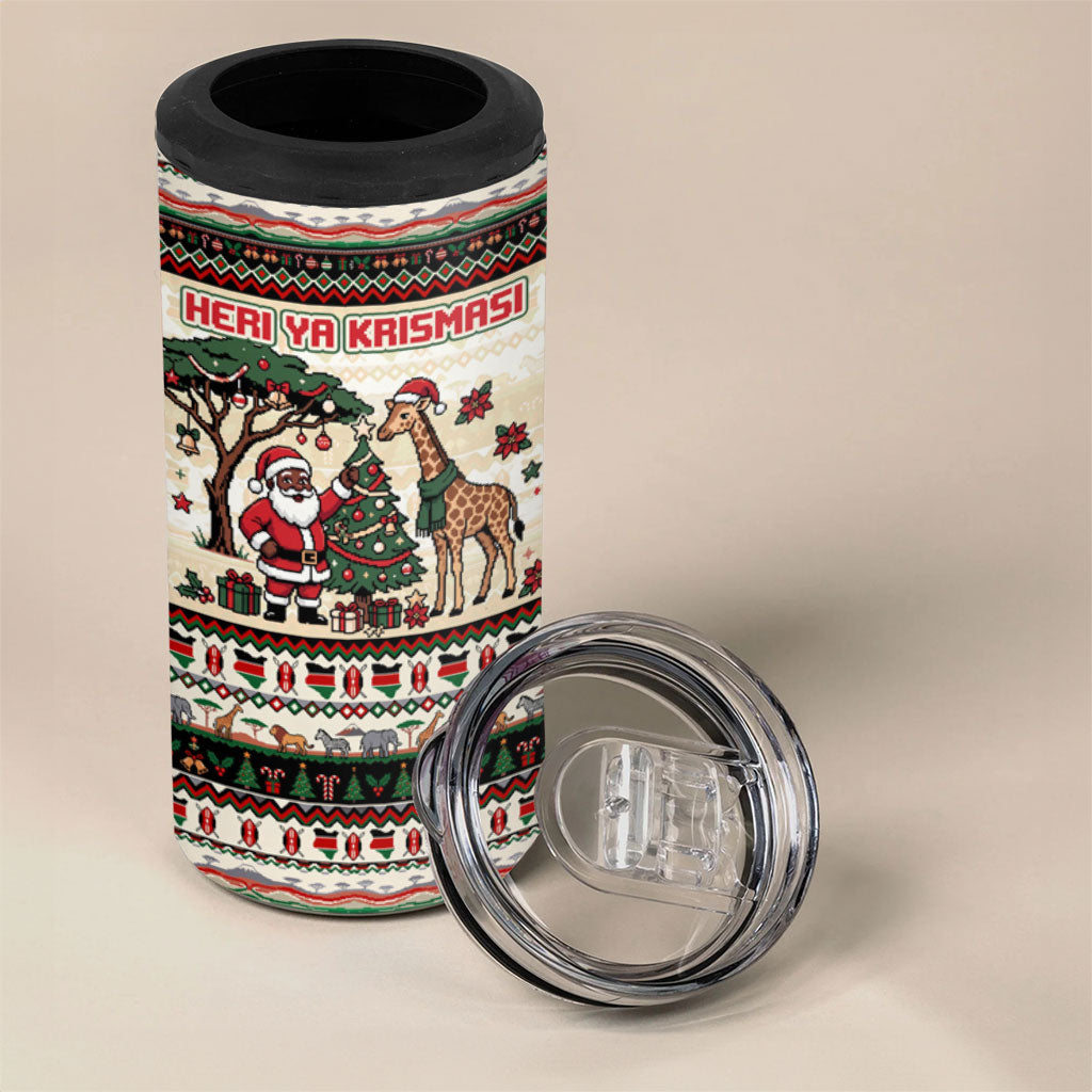 Kenya Christmas Santa Wildlife 4 in 1 Can Cooler Tumbler Heri Ya Krismasi - Elephant Giraffe - Ugly Pixel Art