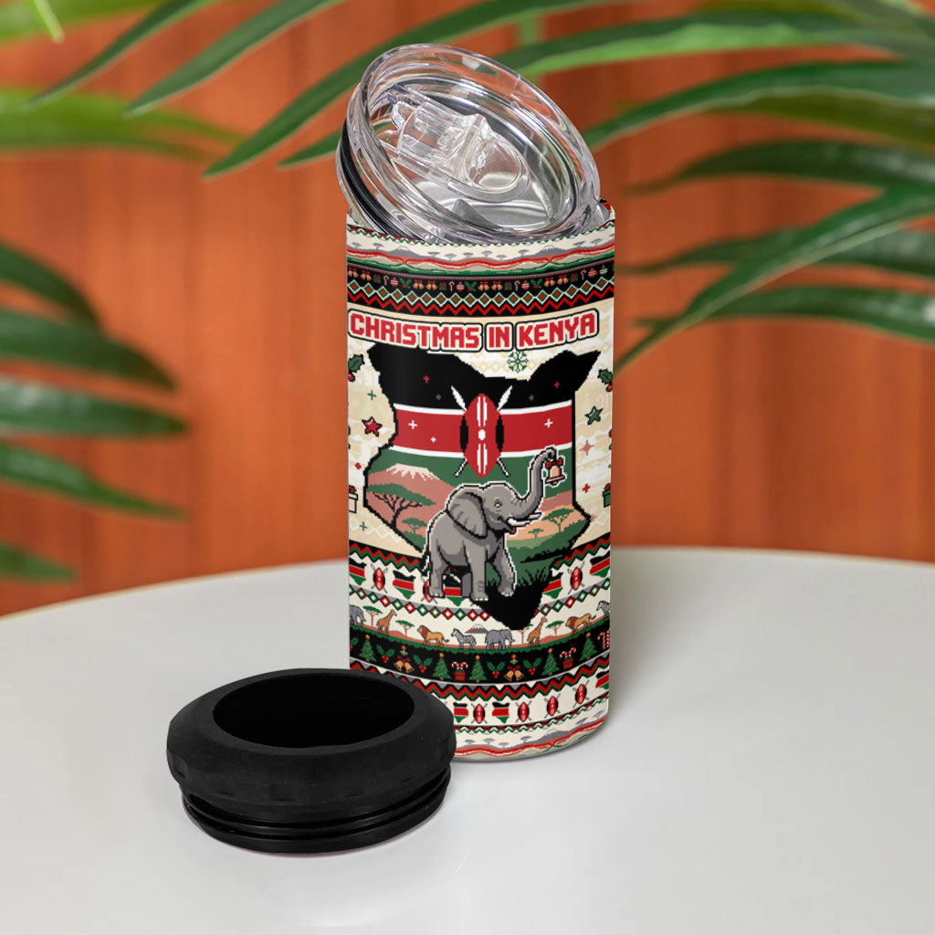 Kenya Christmas Santa Wildlife 4 in 1 Can Cooler Tumbler Heri Ya Krismasi - Elephant Giraffe - Ugly Pixel Art