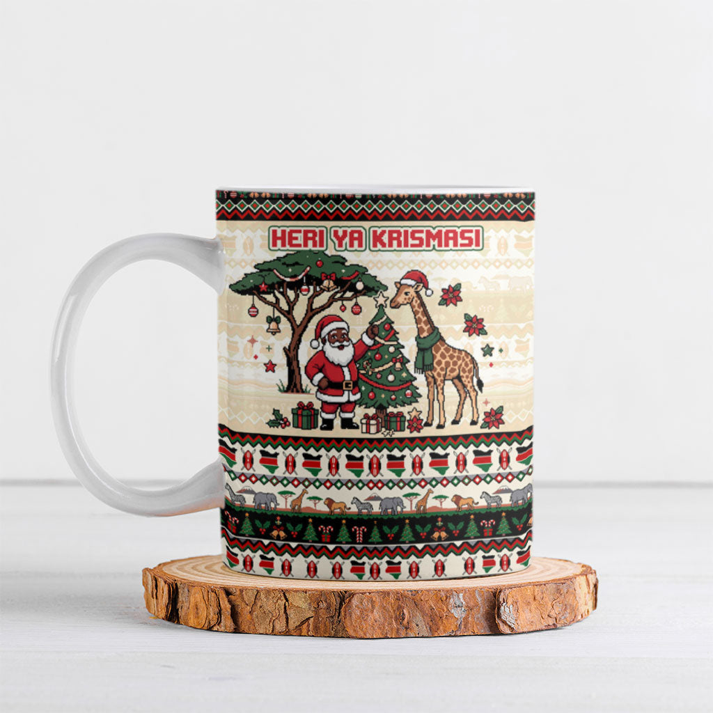 Kenya Christmas Santa Wildlife Ceramic Mug Heri Ya Krismasi - Elephant Giraffe - Ugly Pixel Art