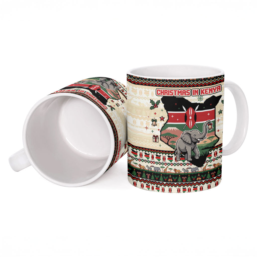 Kenya Christmas Santa Wildlife Ceramic Mug Heri Ya Krismasi - Elephant Giraffe - Ugly Pixel Art