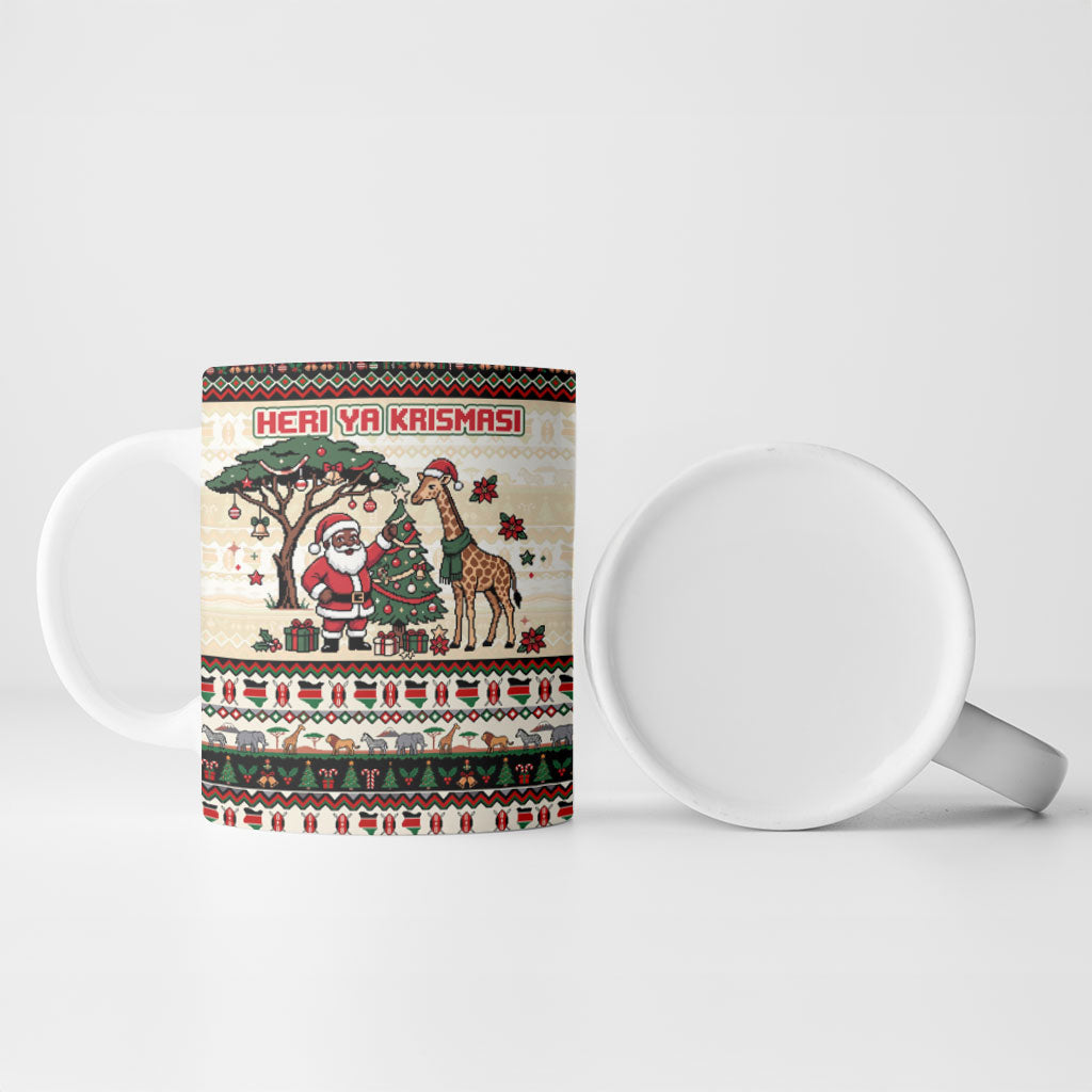 Kenya Christmas Santa Wildlife Ceramic Mug Heri Ya Krismasi - Elephant Giraffe - Ugly Pixel Art