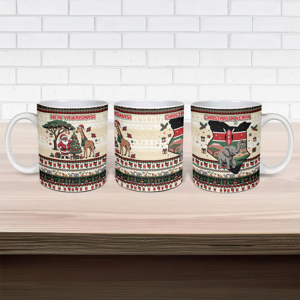 Kenya Christmas Santa Wildlife Ceramic Mug Heri Ya Krismasi - Elephant Giraffe - Ugly Pixel Art