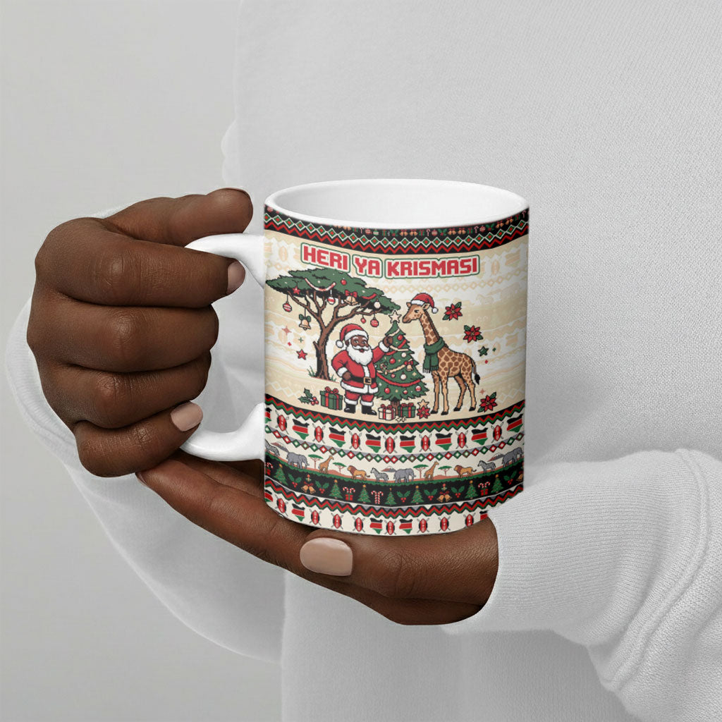 Kenya Christmas Santa Wildlife Ceramic Mug Heri Ya Krismasi - Elephant Giraffe - Ugly Pixel Art