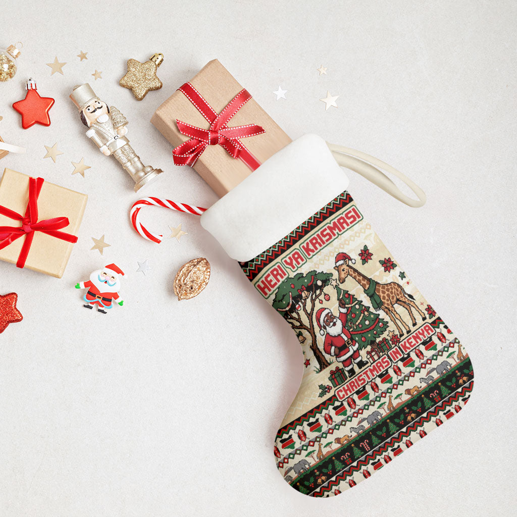 Kenya Christmas Santa Wildlife Christmas Stocking Heri Ya Krismasi - Elephant Giraffe - Ugly Pixel Art